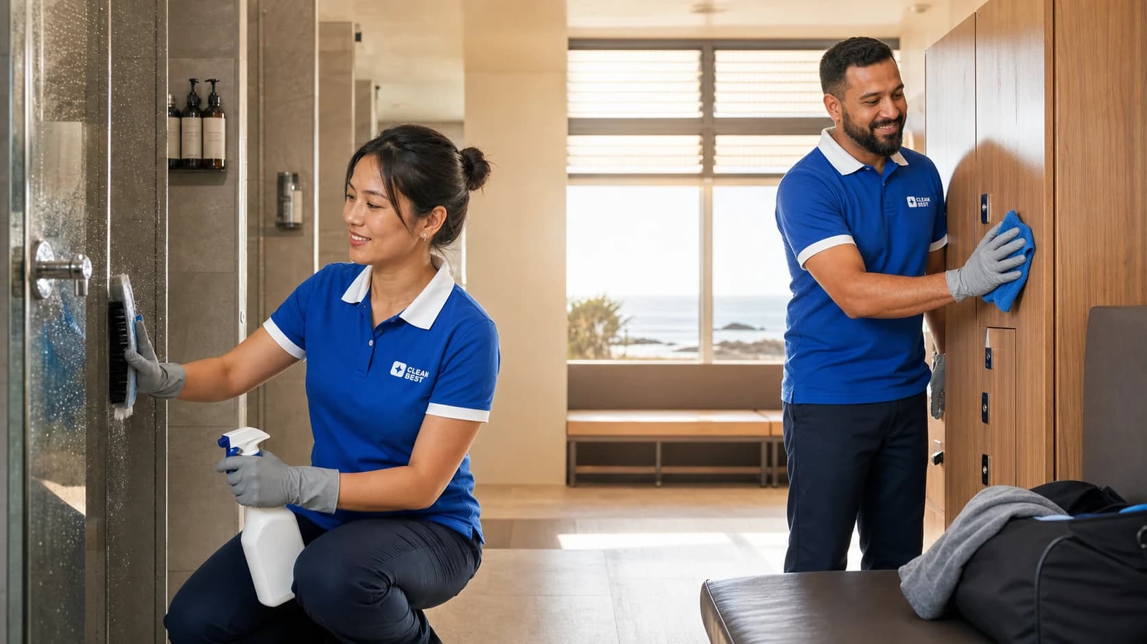 Clean Best cleaner disinfecting a rack of dumbbells and a bench in an empty fitness studio
