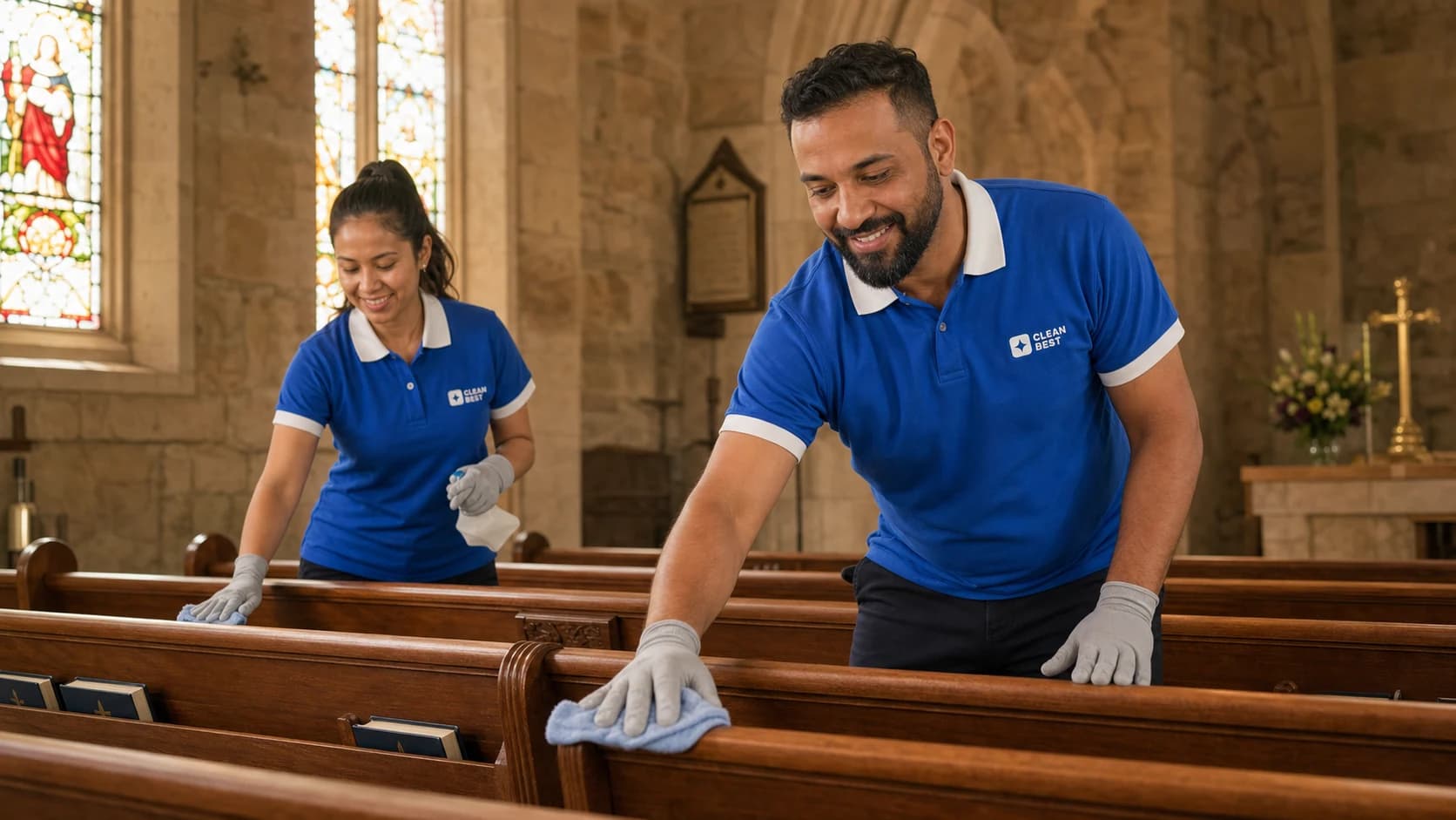 Clean Best cleaner detailing the reception desk and lobby seating of a mid-scale hotel