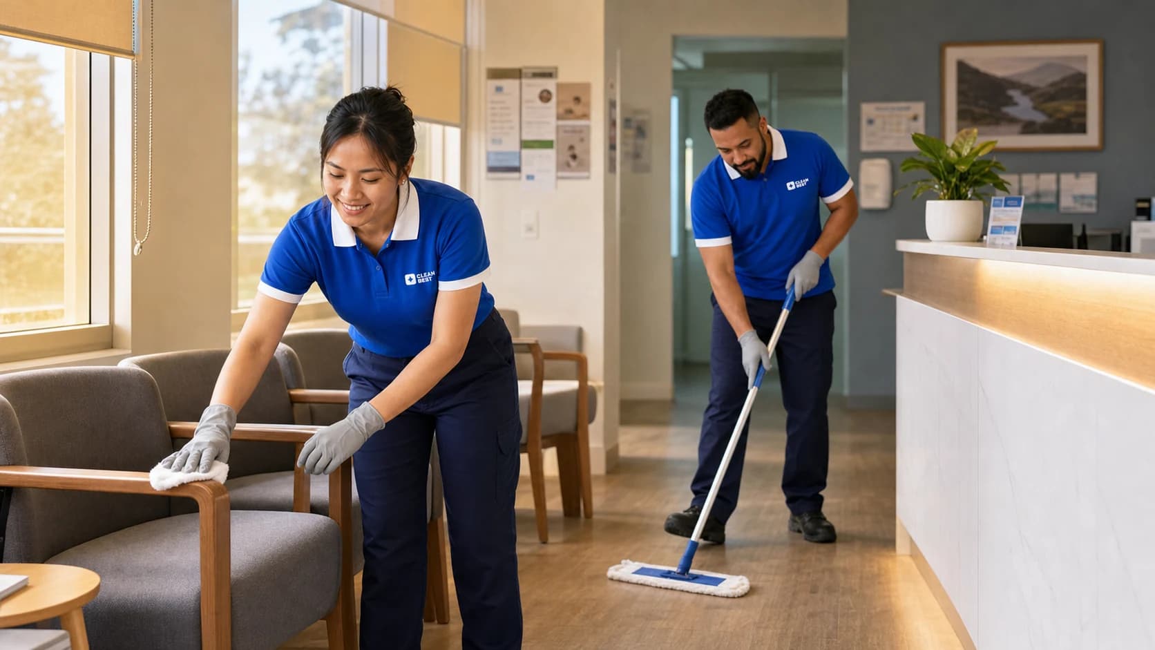 Clean Best cleaner disinfecting a consulting room in a medical practice, examination bed and wall-mounted sharps bin visible