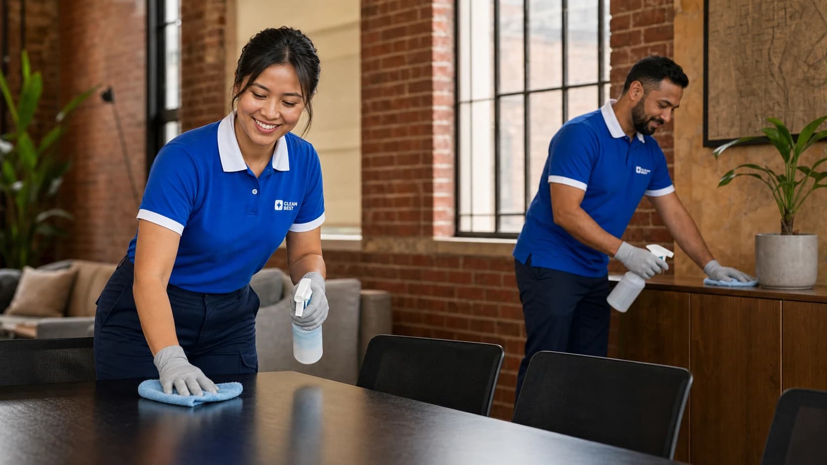 Clean Best cleaner vacuuming an open-plan office after hours, desks and monitors visible