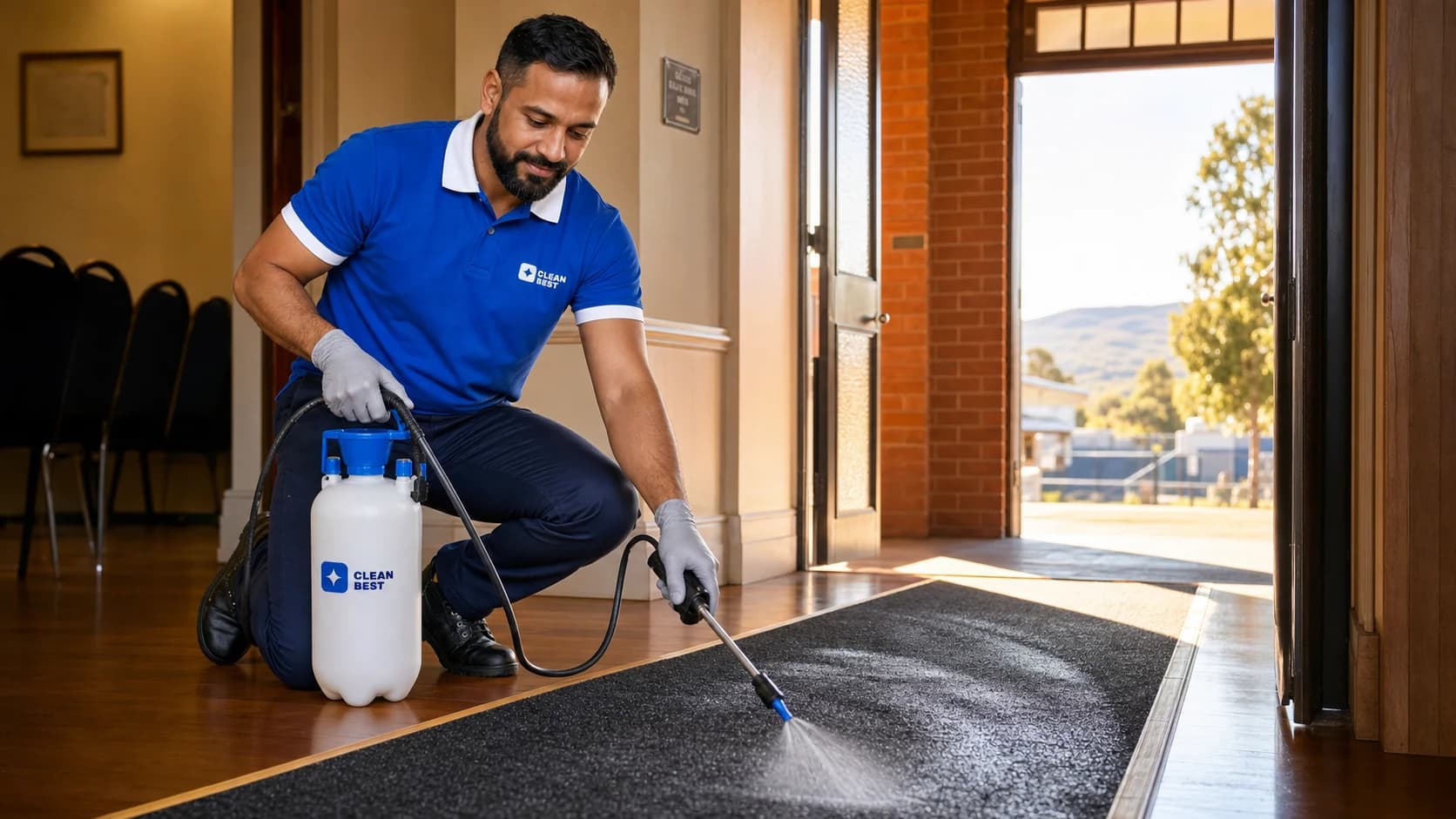 Clean Best cleaner mopping the floor of a retail store after close, with stock racks and a till counter behind