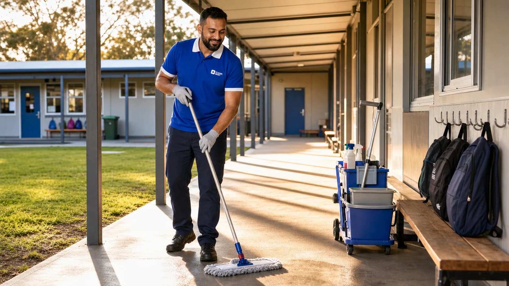Clean Best cleaner mopping a classroom floor between rows of desks, whiteboard and student work behind