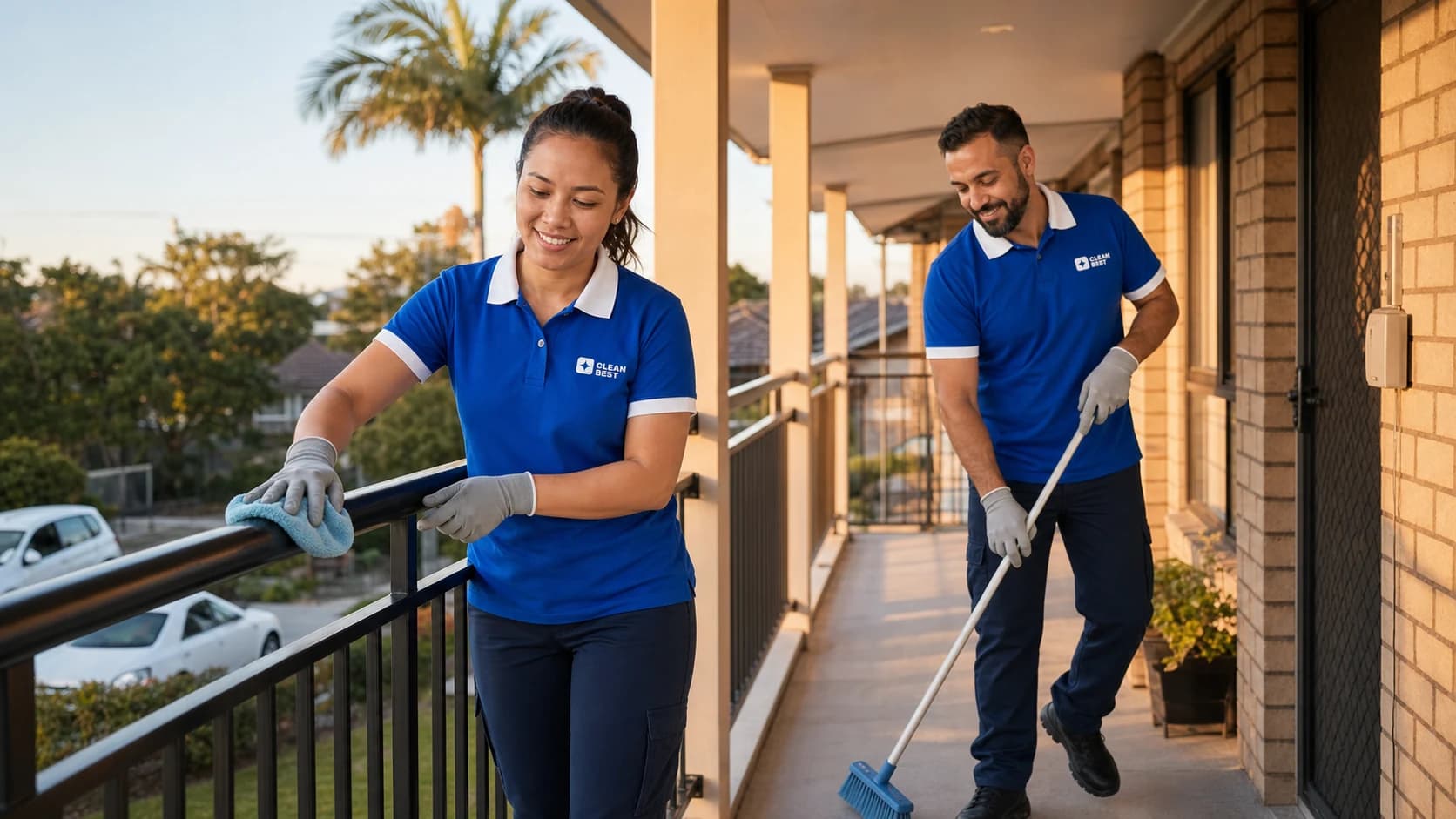 Clean Best cleaner cleaning the glass entry doors and mailbox bank of an apartment building lobby