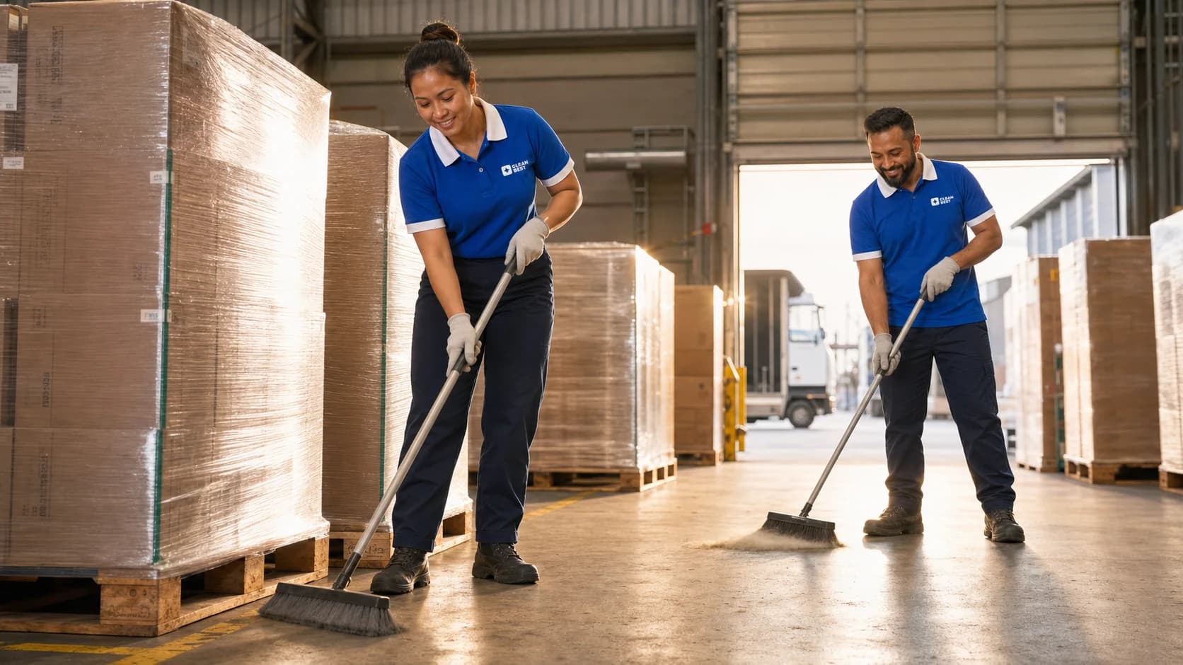 Clean Best operator driving a floor scrubber down a working warehouse aisle beside loaded pallet racking