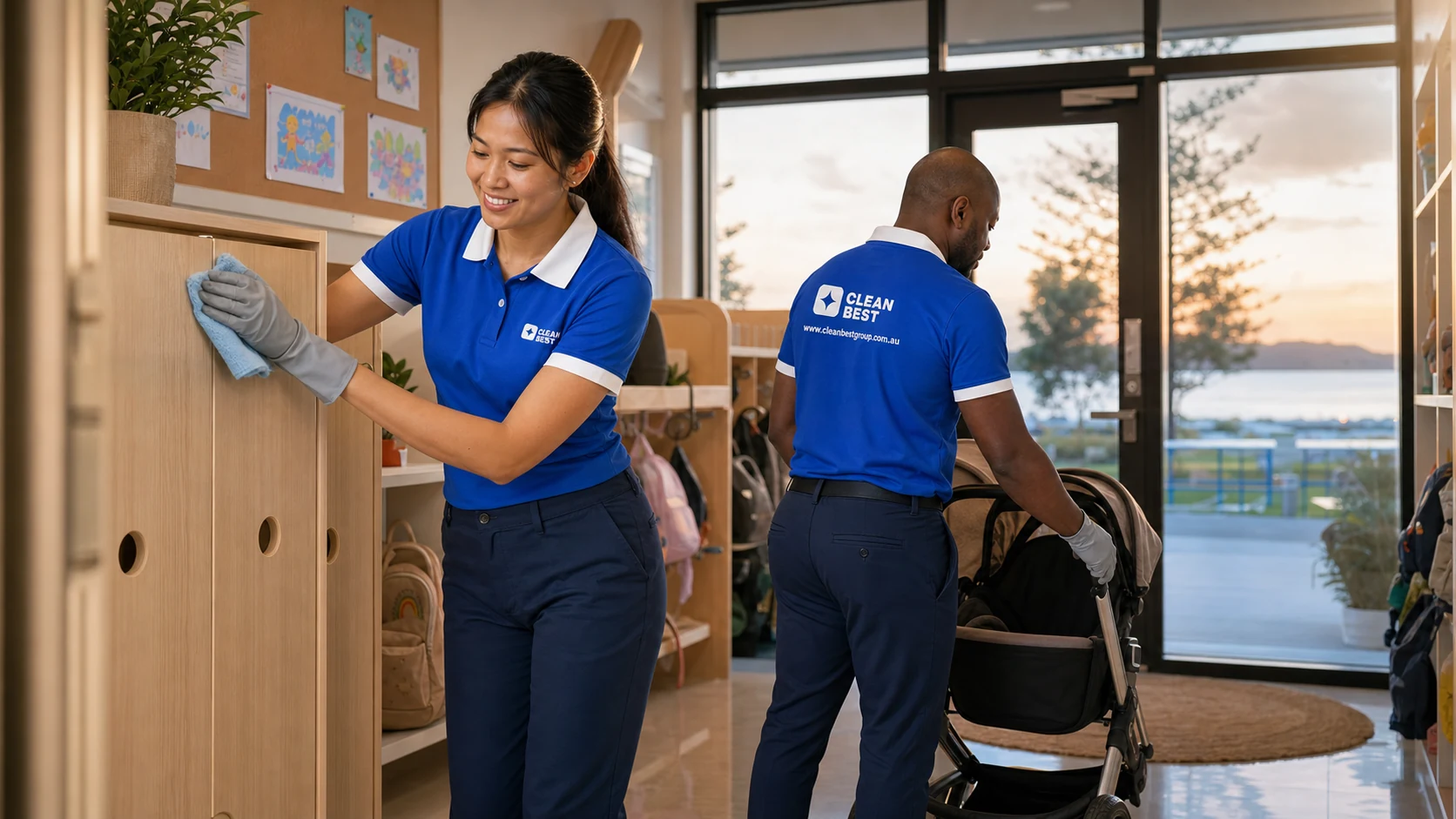 Clean Best cleaner sanitising low tables and toy shelving in an empty early-learning room
