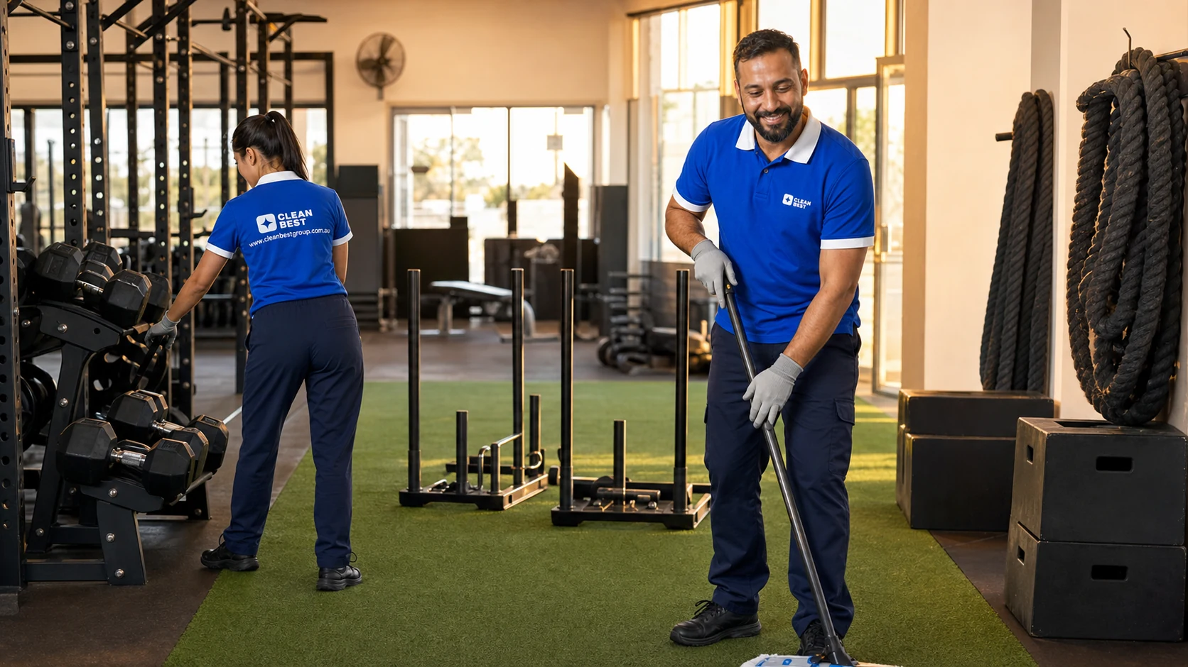Clean Best cleaner disinfecting a rack of dumbbells and a bench in an empty fitness studio