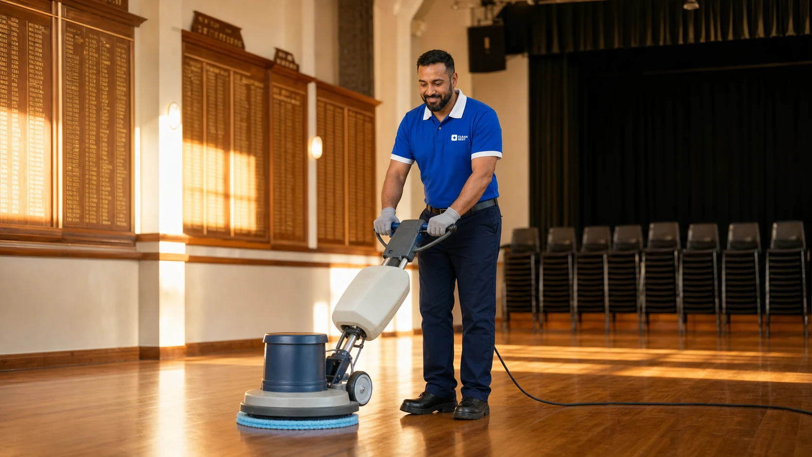 Clean Best cleaner mopping a classroom floor between rows of desks, whiteboard and student work behind